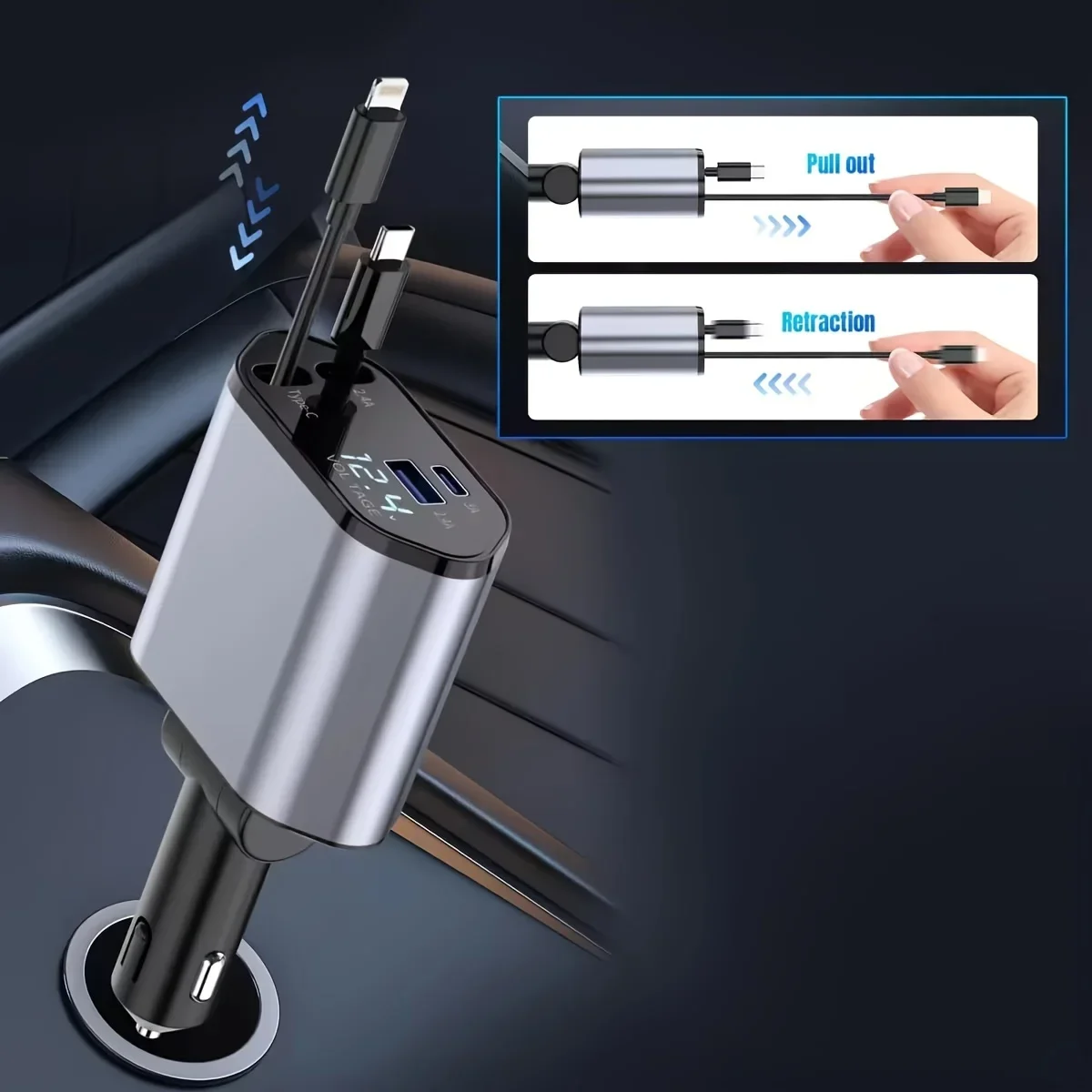 Zwijana szybka ładowarka samochodowa 4w1 120W Type-C/Lightning ⚡